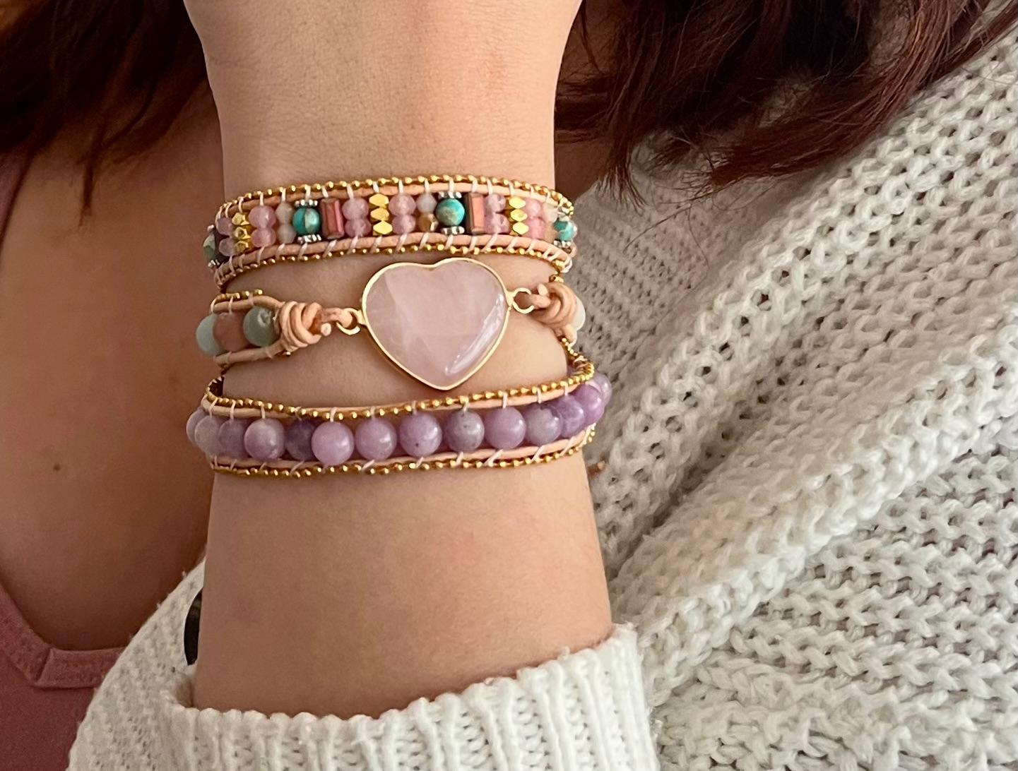 Herz-Rosenquarz mit Amazonit Wickelarmband (Größenverstellbar)