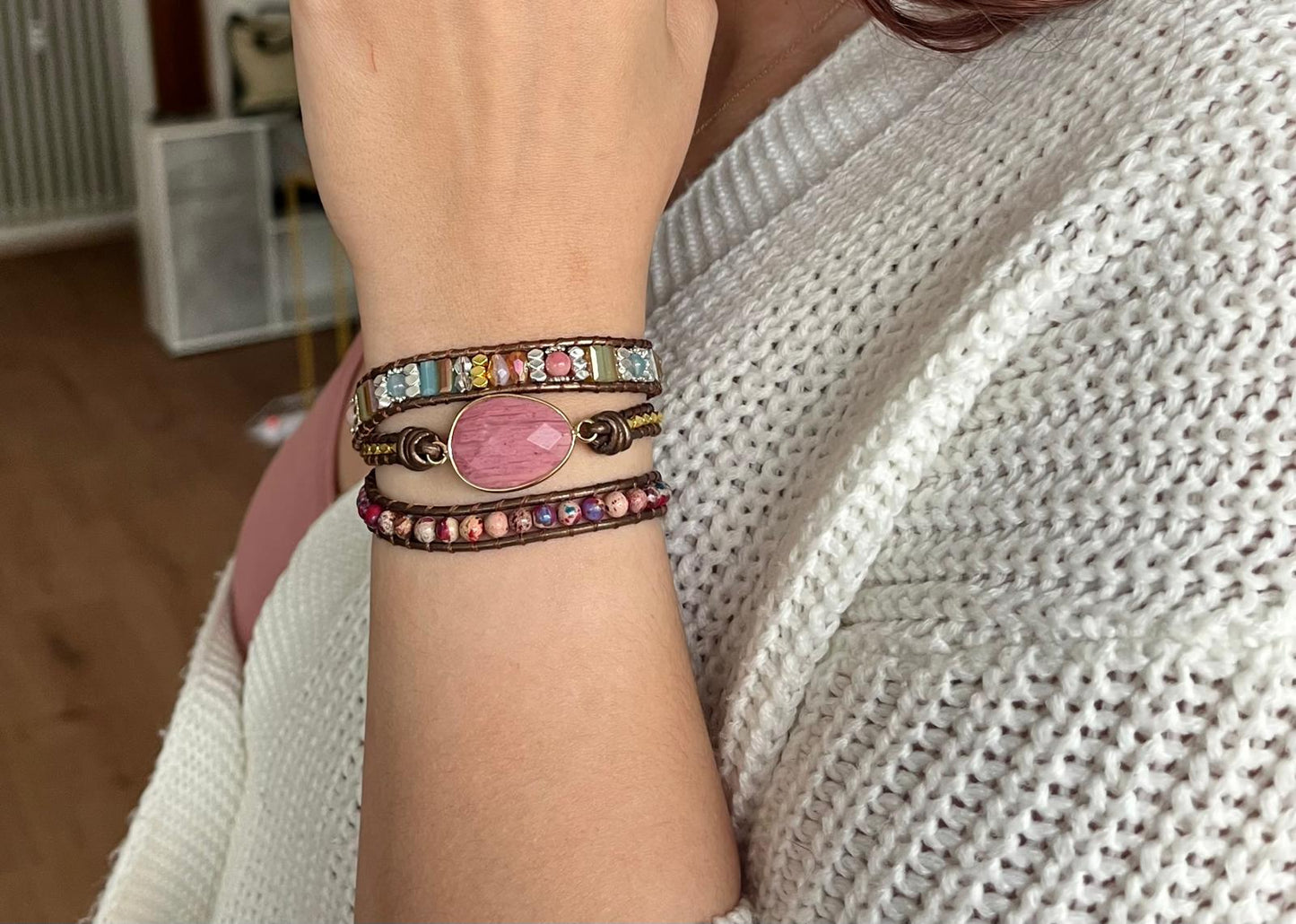 Rhodonit/Japsis Wickelarmband (Größenvertsellbar)