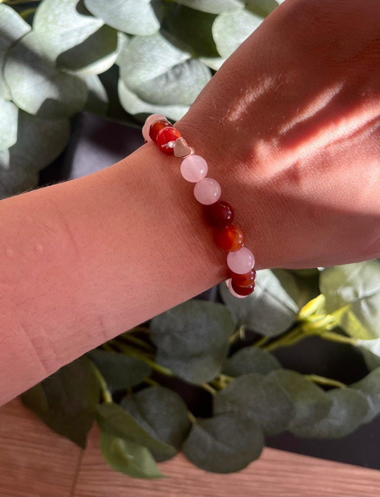 Carneol& Rosenquarz mit Herzcharm (Rosegold) Armband