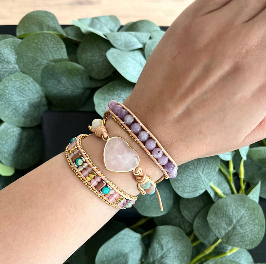Herz-Rosenquarz mit Amazonit Wickelarmband (Größenverstellbar)
